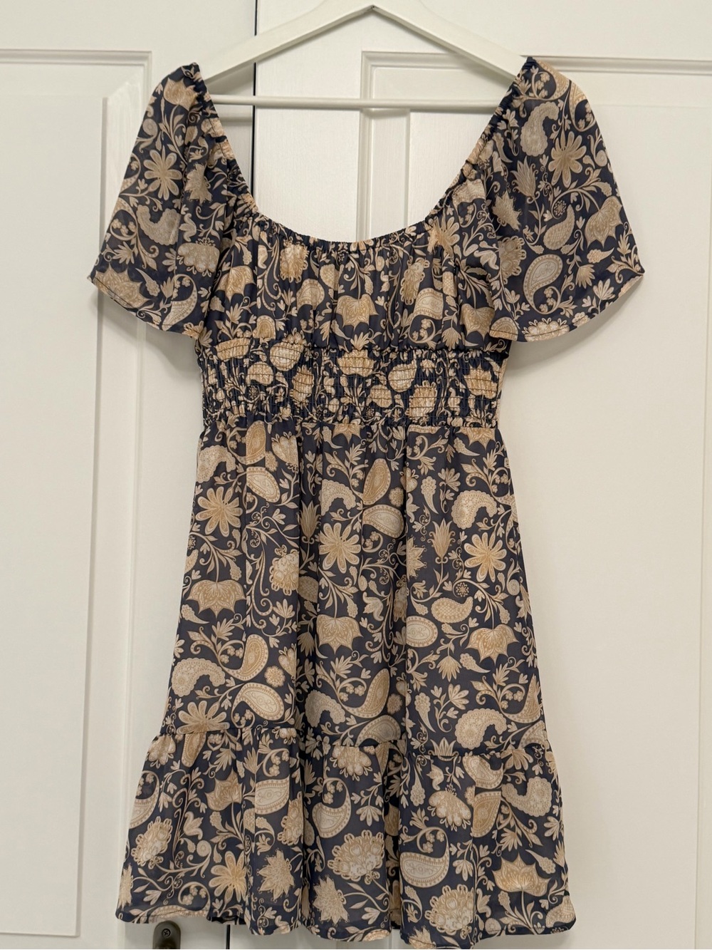 Floral Paisley Blue and Cream Smocked Dress